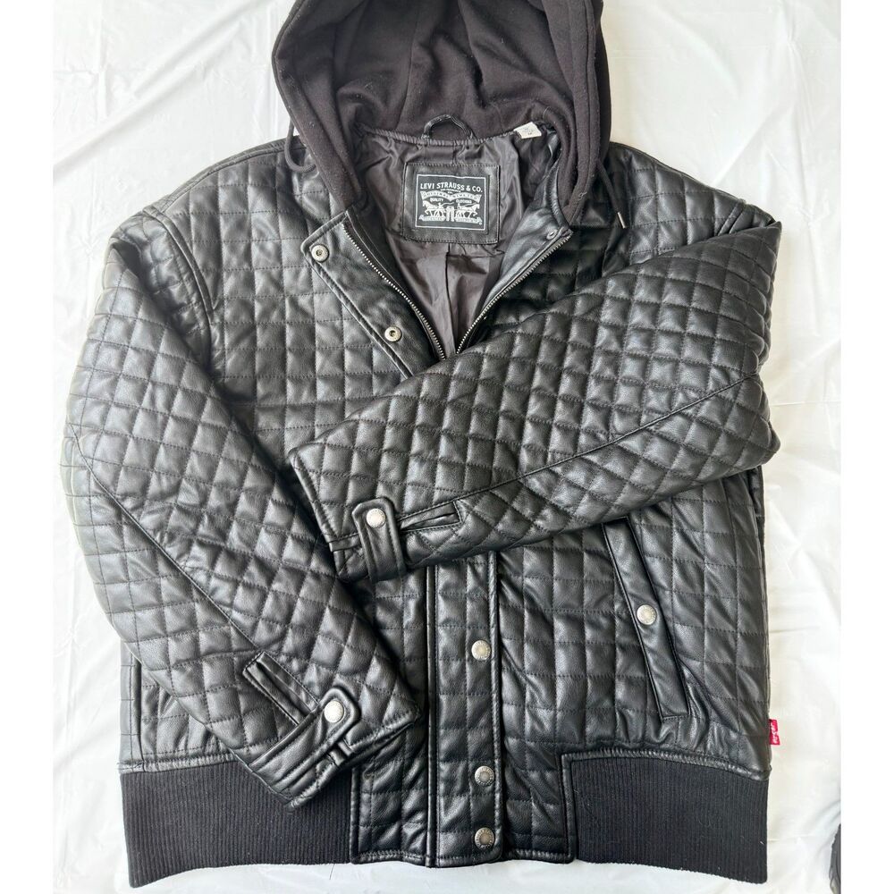 Levi's Quilted Faux Leather Moto Jacket Hooded Biker Bomber Black